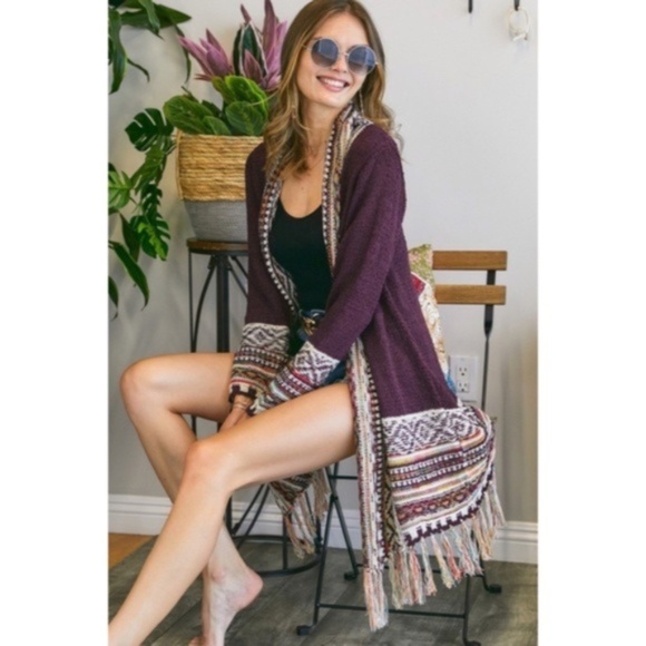 SOLD OUT Burgundy Bohemian Tribal Aztec Print Fringe Open Front Cardigan Knit - Picture 4 of 6